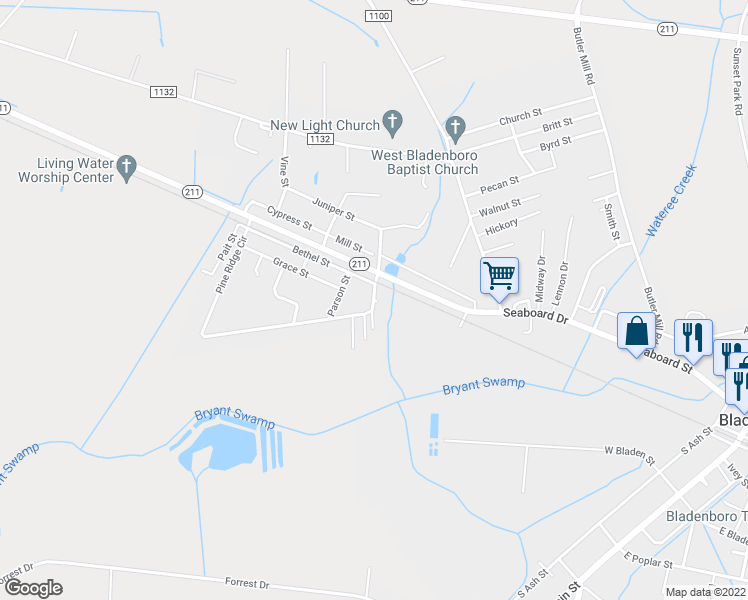 map of restaurants, bars, coffee shops, grocery stores, and more near 104 Pine Ridge Circle in Bladenboro