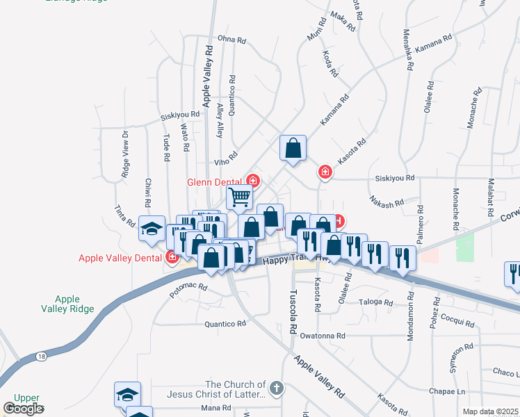 map of restaurants, bars, coffee shops, grocery stores, and more near 16077 Kamana Road in Apple Valley