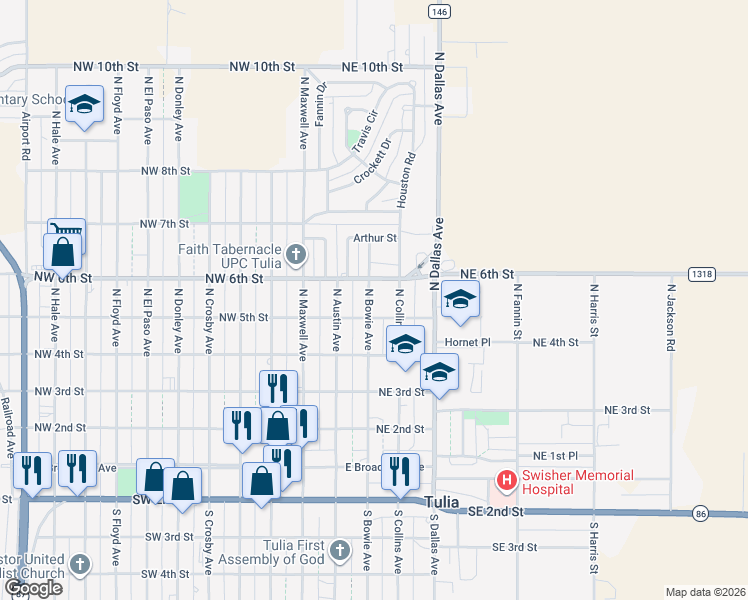 map of restaurants, bars, coffee shops, grocery stores, and more near 524 North Bowie Avenue in Tulia
