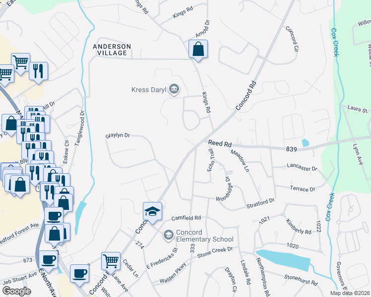 map of restaurants, bars, coffee shops, grocery stores, and more near 103 Downie Lane in Anderson