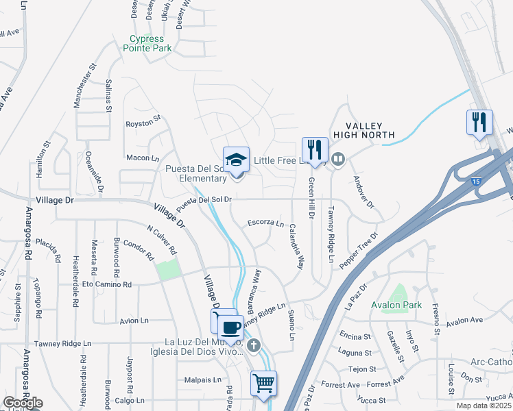 map of restaurants, bars, coffee shops, grocery stores, and more near 15967 Puesta Del Sol Drive in Victorville