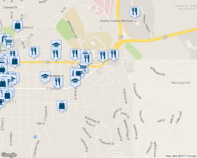 map of restaurants, bars, coffee shops, grocery stores, and more near 1206 Stetson Road in Prescott