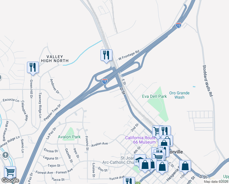 map of restaurants, bars, coffee shops, grocery stores, and more near 16391 D Street in Victorville