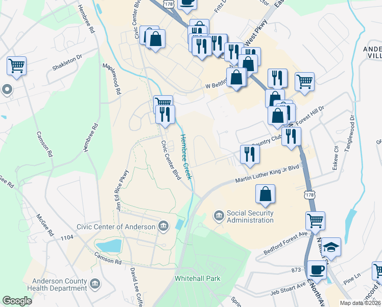 map of restaurants, bars, coffee shops, grocery stores, and more near An-10-1566 in Anderson