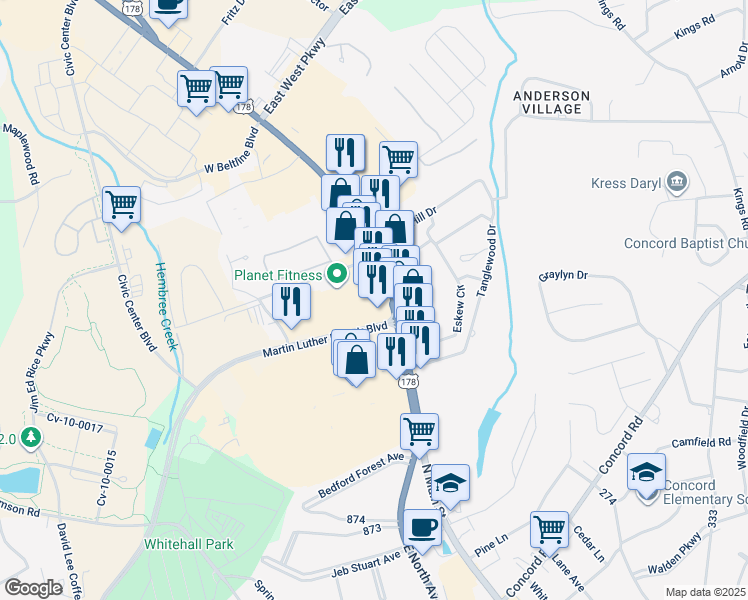 map of restaurants, bars, coffee shops, grocery stores, and more near 3321 North Main Street in Anderson
