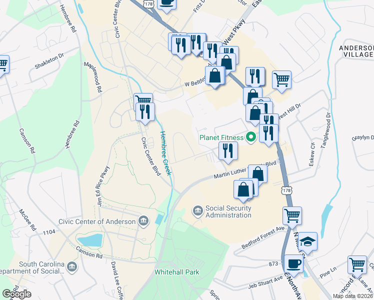 map of restaurants, bars, coffee shops, grocery stores, and more near 401 North Pointe Creek in Anderson