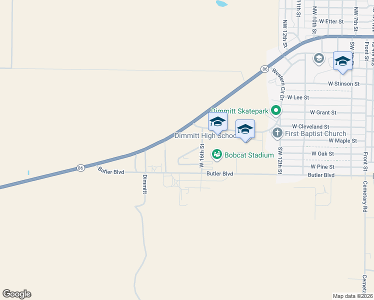 map of restaurants, bars, coffee shops, grocery stores, and more near 1600-1698 Sunset Circle in Dimmitt