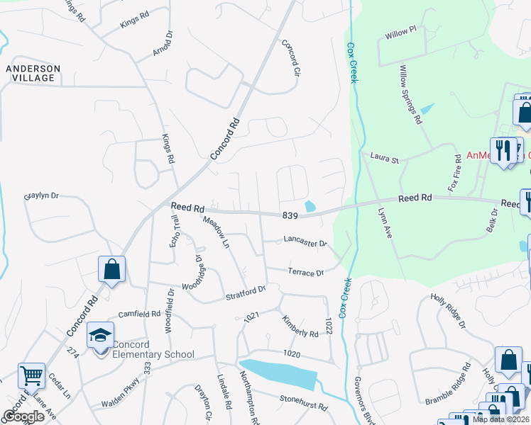 map of restaurants, bars, coffee shops, grocery stores, and more near 101 Mystic Vineyard Lane in Anderson