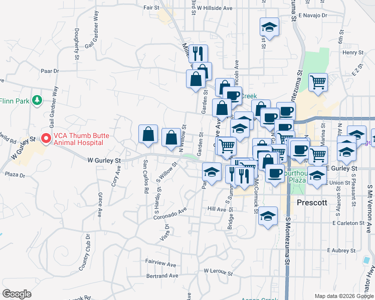 map of restaurants, bars, coffee shops, grocery stores, and more near 121 North Willow Street in Prescott