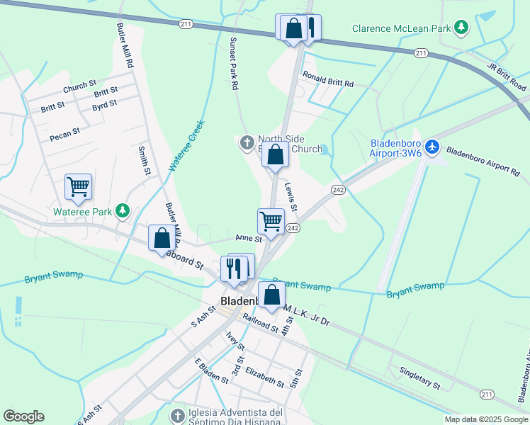 map of restaurants, bars, coffee shops, grocery stores, and more near 502 North Main Street in Bladenboro