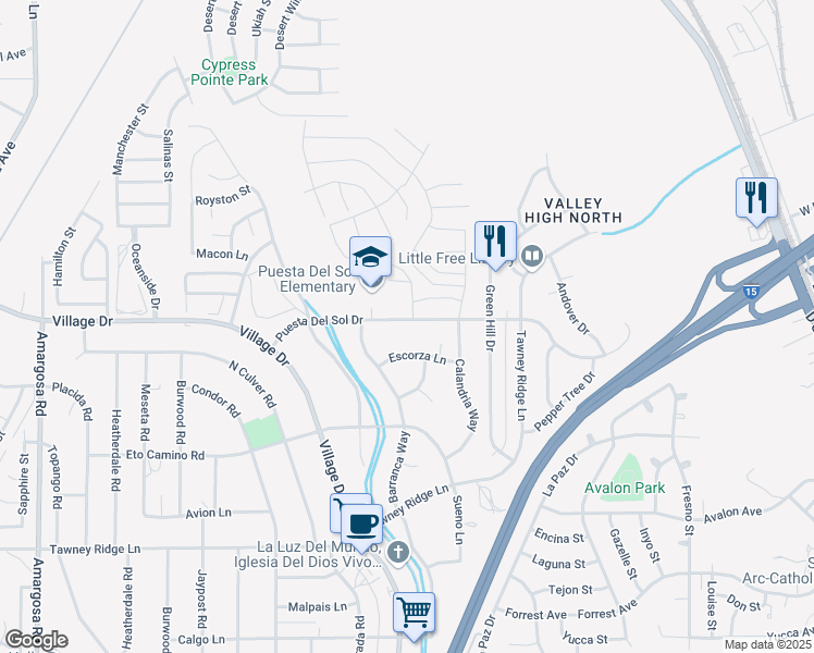 map of restaurants, bars, coffee shops, grocery stores, and more near 15977 Puesta Del Sol Drive in Victorville