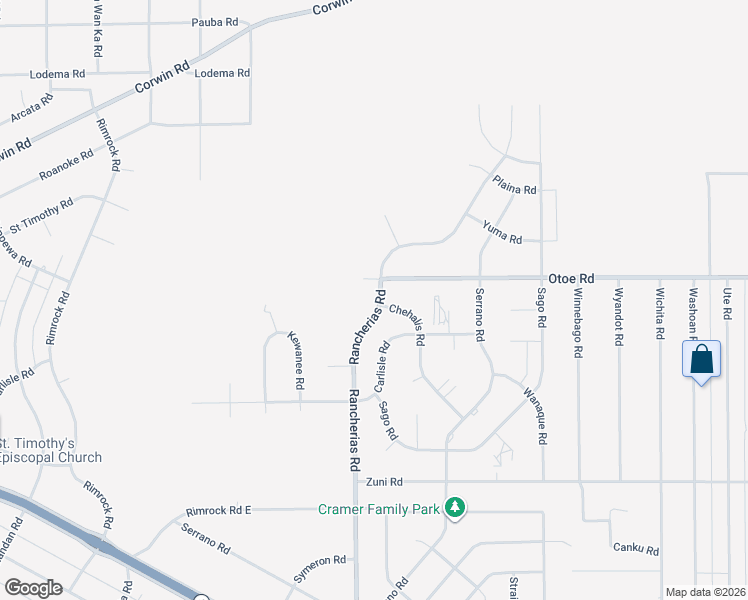 map of restaurants, bars, coffee shops, grocery stores, and more near 16078 Rancherias Road in Apple Valley