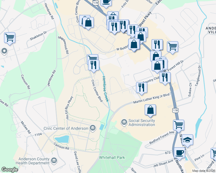 map of restaurants, bars, coffee shops, grocery stores, and more near An-10-1566 in Anderson