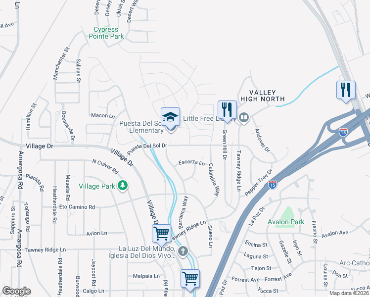 map of restaurants, bars, coffee shops, grocery stores, and more near 15967 Puesta Del Sol Drive in Victorville