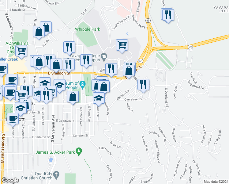 map of restaurants, bars, coffee shops, grocery stores, and more near 1124 East Gurley Street in Prescott