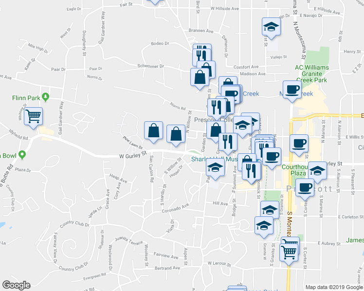 map of restaurants, bars, coffee shops, grocery stores, and more near 121 North Willow Street in Prescott