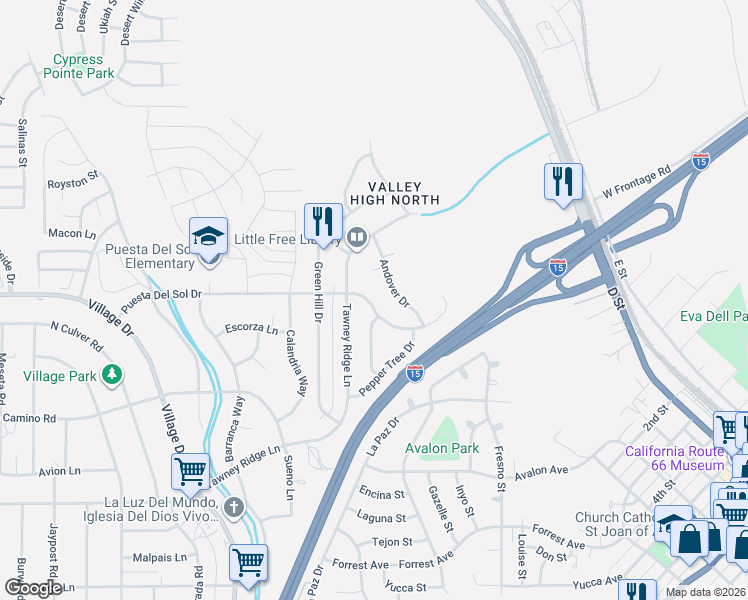 map of restaurants, bars, coffee shops, grocery stores, and more near 16214 Puesta Del Sol Drive in Victorville
