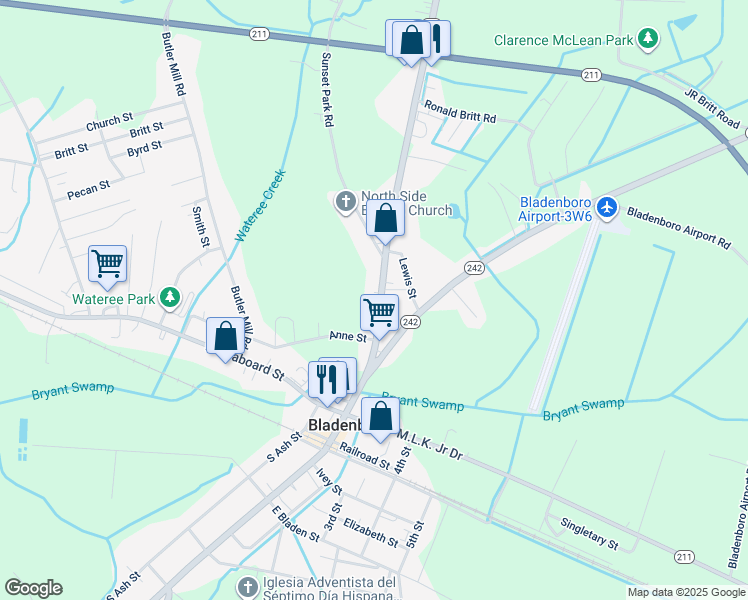 map of restaurants, bars, coffee shops, grocery stores, and more near 502 North Main Street in Bladenboro