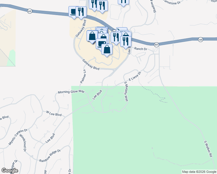 map of restaurants, bars, coffee shops, grocery stores, and more near 25 North Woodridge Circle in Prescott