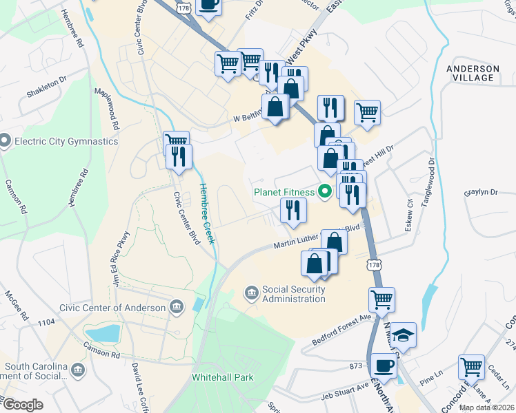 map of restaurants, bars, coffee shops, grocery stores, and more near 309 North Pointe Creek in Anderson