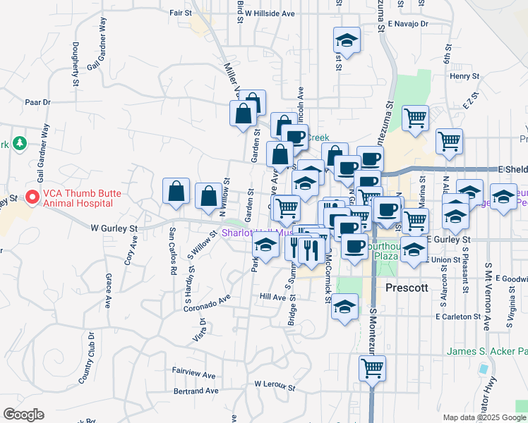 map of restaurants, bars, coffee shops, grocery stores, and more near 131 Garden Street in Prescott