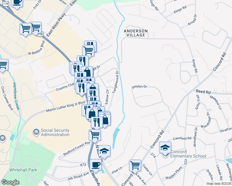 map of restaurants, bars, coffee shops, grocery stores, and more near 139 Tanglewood Drive in Anderson