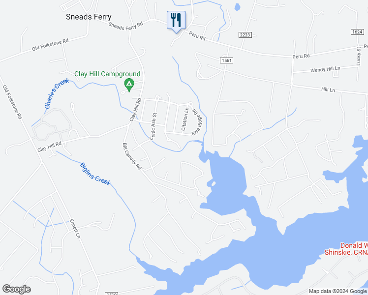 map of restaurants, bars, coffee shops, grocery stores, and more near 422 Whirl Away Boulevard in Sneads Ferry