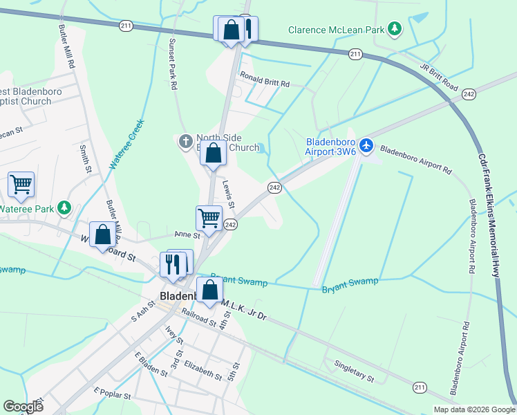 map of restaurants, bars, coffee shops, grocery stores, and more near 2 Harmony Homes Drive in Bladenboro