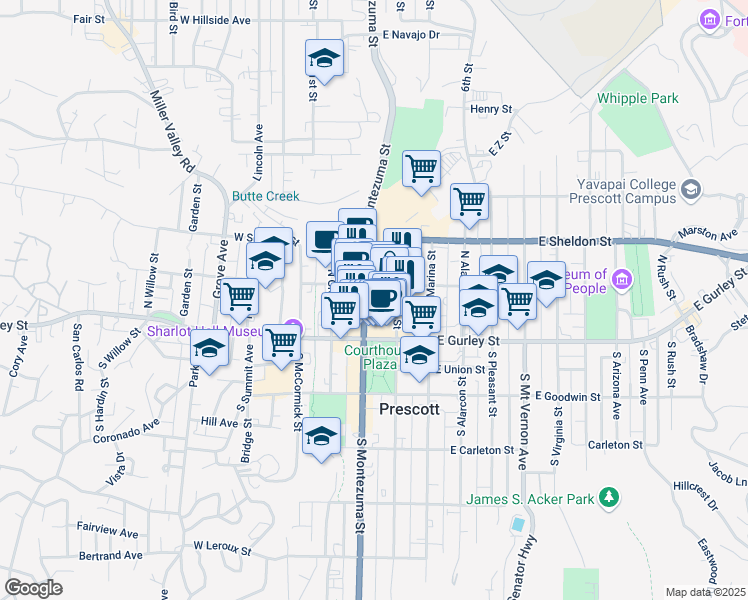 map of restaurants, bars, coffee shops, grocery stores, and more near 143 North Montezuma Street in Prescott