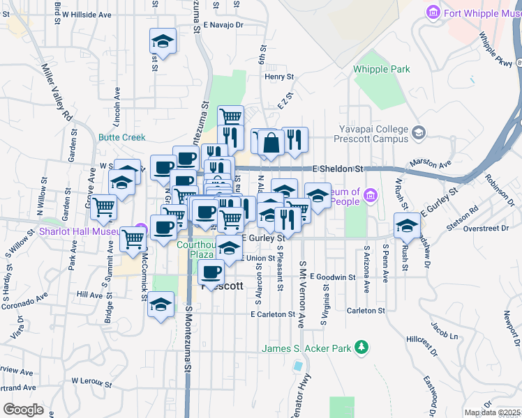 map of restaurants, bars, coffee shops, grocery stores, and more near 143 North Alarcon Street in Prescott