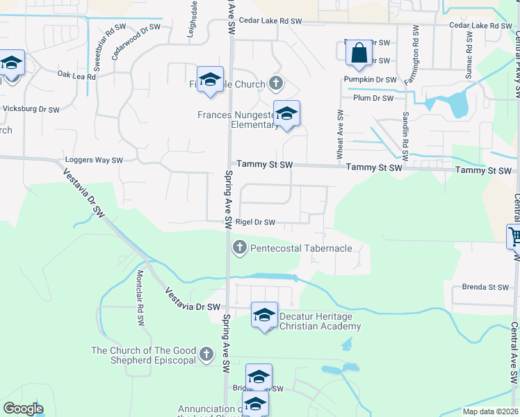 map of restaurants, bars, coffee shops, grocery stores, and more near 3426 Tanglewood Drive Southwest in Decatur