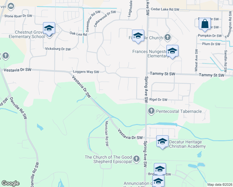 map of restaurants, bars, coffee shops, grocery stores, and more near 3413 Oakridge Drive Southwest in Decatur