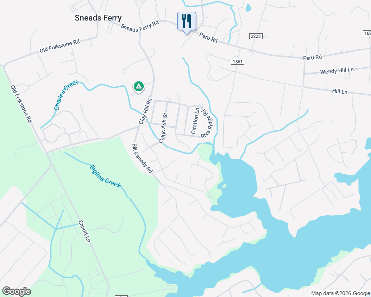 map of restaurants, bars, coffee shops, grocery stores, and more near 416 Whirlaway Boulevard in Sneads Ferry