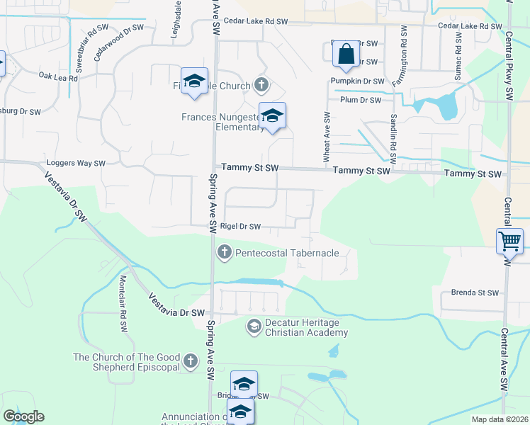 map of restaurants, bars, coffee shops, grocery stores, and more near 3416 Tanglewood Drive Southwest in Decatur
