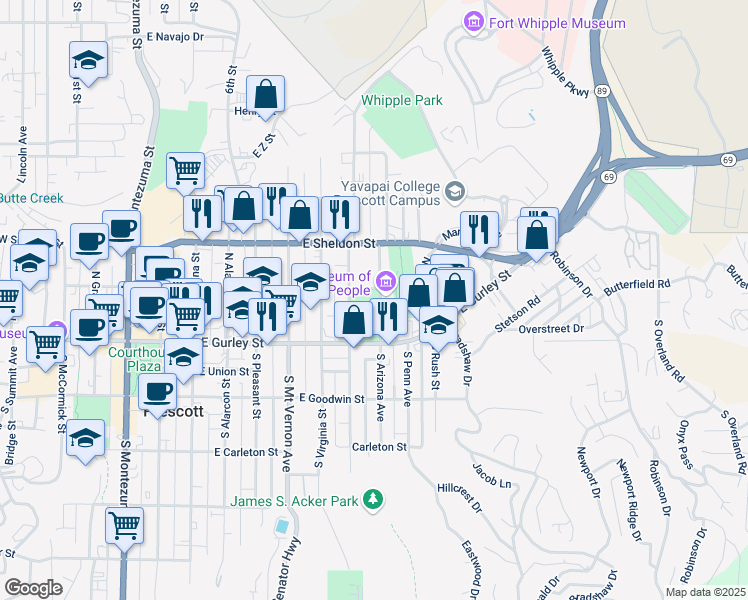 map of restaurants, bars, coffee shops, grocery stores, and more near 799 East Willis Street in Prescott