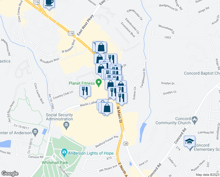 map of restaurants, bars, coffee shops, grocery stores, and more near 3321 North Main Street in Anderson