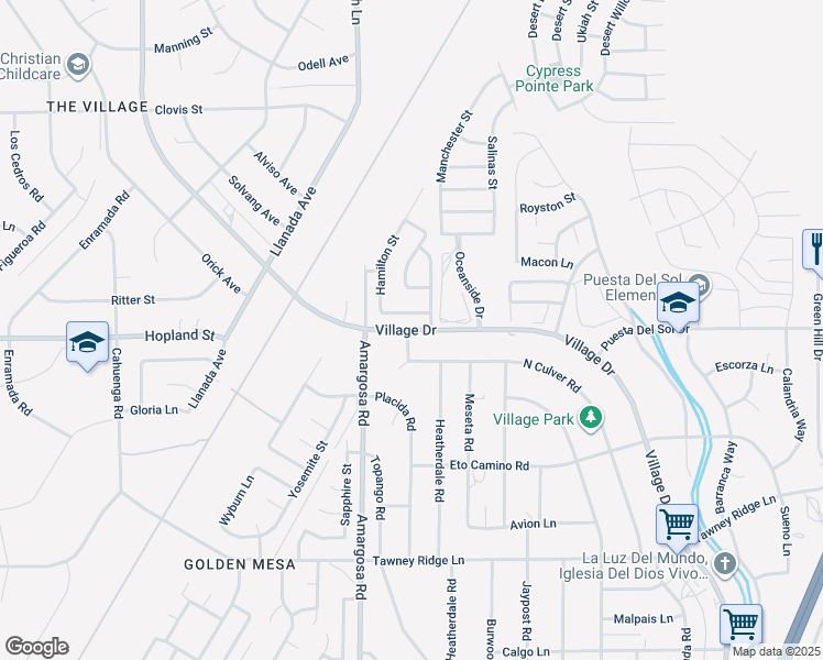 map of restaurants, bars, coffee shops, grocery stores, and more near Village Drive in Victorville
