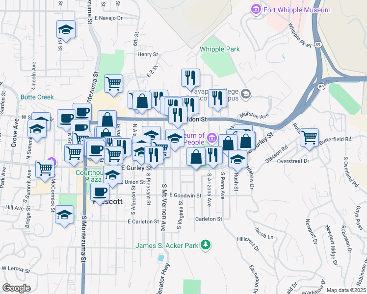 map of restaurants, bars, coffee shops, grocery stores, and more near 601 East Willis Street in Prescott