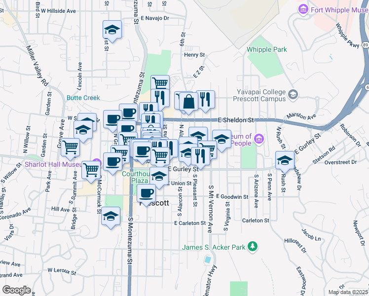 map of restaurants, bars, coffee shops, grocery stores, and more near 141 North Alarcon Street in Prescott