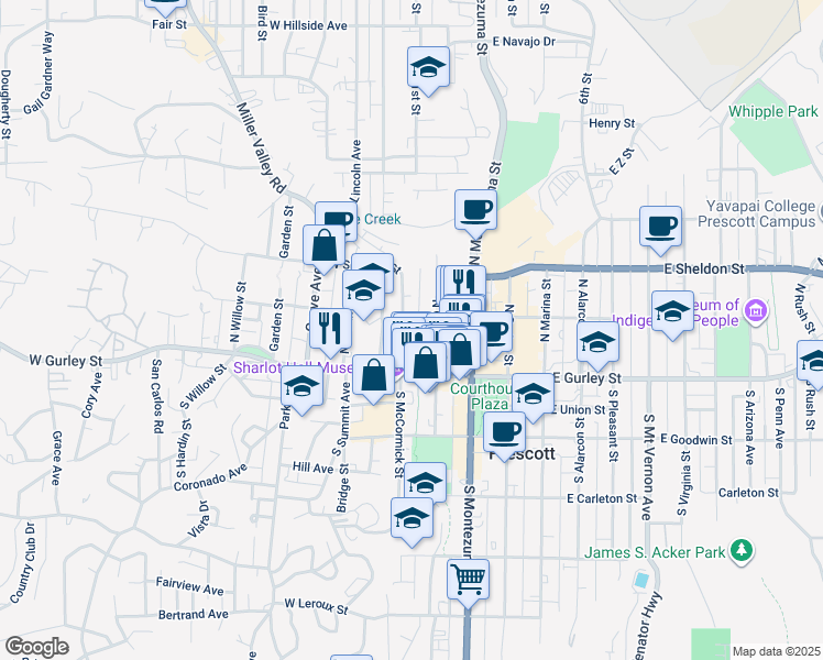 map of restaurants, bars, coffee shops, grocery stores, and more near 140 North McCormick Street in Prescott