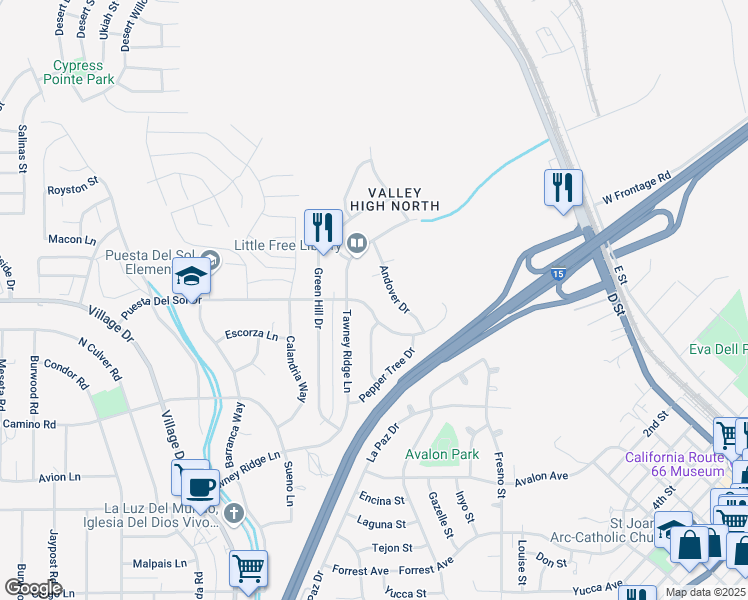 map of restaurants, bars, coffee shops, grocery stores, and more near 16214 Puesta Del Sol Drive in Victorville