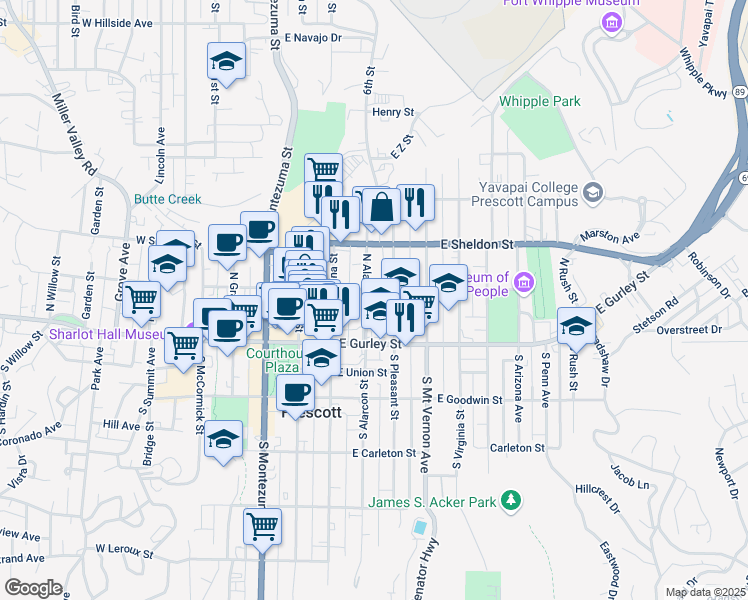map of restaurants, bars, coffee shops, grocery stores, and more near 145 North Alarcon Street in Prescott
