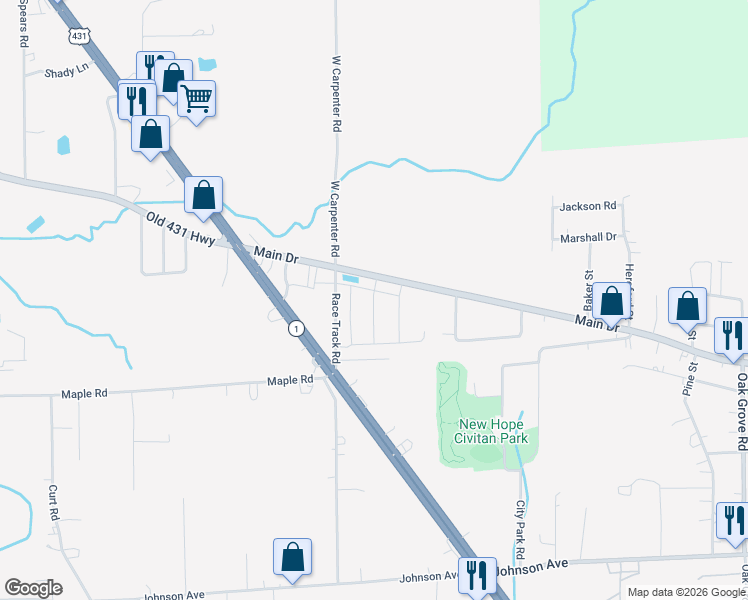 map of restaurants, bars, coffee shops, grocery stores, and more near Huntview Drive in New Hope