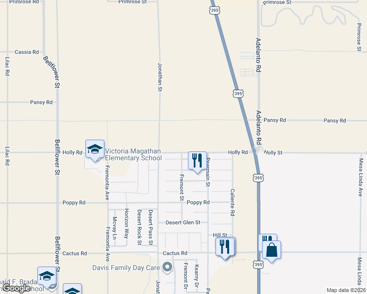 map of restaurants, bars, coffee shops, grocery stores, and more near Holly Road in Adelanto