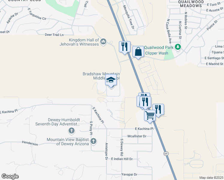 map of restaurants, bars, coffee shops, grocery stores, and more near 12255 East Turquoise Circle in Prescott Valley