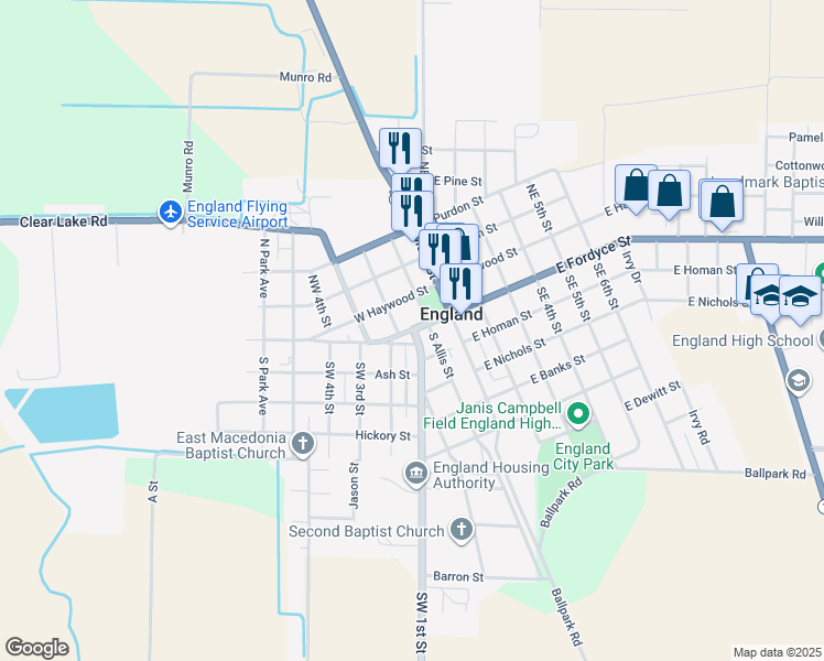 map of restaurants, bars, coffee shops, grocery stores, and more near 115 West Fordyce Street in England