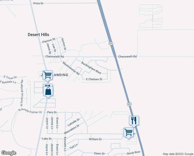 map of restaurants, bars, coffee shops, grocery stores, and more near 3886 North Chelsea Circle in Lake Havasu City