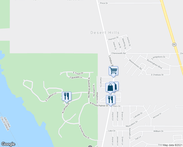map of restaurants, bars, coffee shops, grocery stores, and more near 3834 North Swilican Bridge Road in Lake Havasu City