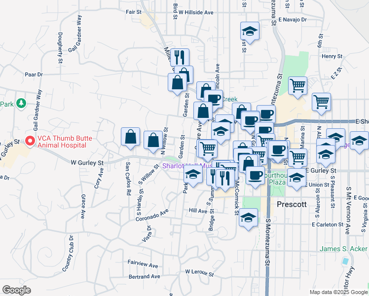 map of restaurants, bars, coffee shops, grocery stores, and more near 131 Garden Street in Prescott