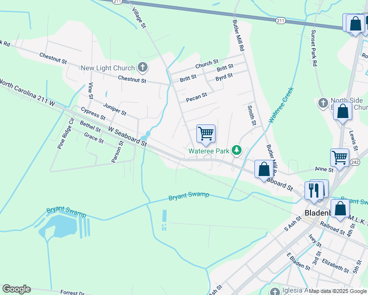 map of restaurants, bars, coffee shops, grocery stores, and more near 200 Village Street in Bladenboro
